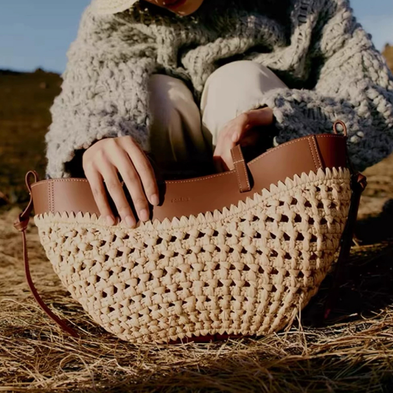 Women'S Raffia Bags - 2026 Sommer Ausgehöhlte Raffia- und PU-Leder