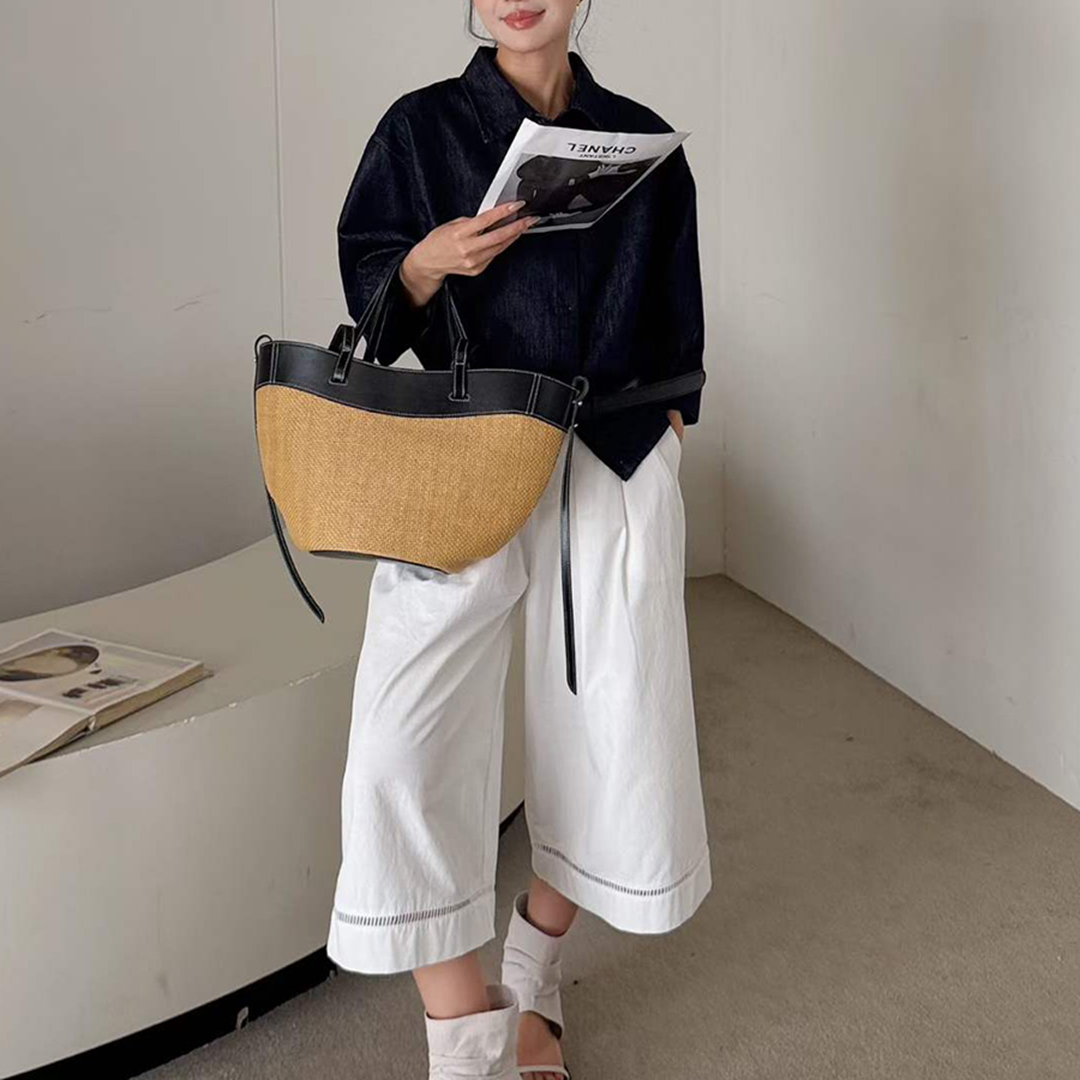 Women'S Raffia Bags - Mendy Echtleder Natur-Raffia Tragetasche für Damen